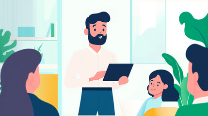 Illustration of business team in office meeting, professional discussion and collaboration, teamwork for innovation and project planning, corporate communication and modern workplace strategy