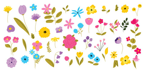 minimal Hand drawn flowers and leaf with sketch line vector in Spring and summer collection