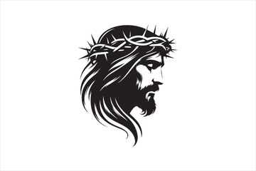 Minimalist Black Silhouette of Jesus Christ with Crown of Thorns  Clean Line Art 90.eps