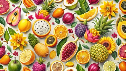 Tropical Fruits Seamless Pattern - Kumquat, Lemon, Papaya, Bananas, and Dragon Fruit on White Background