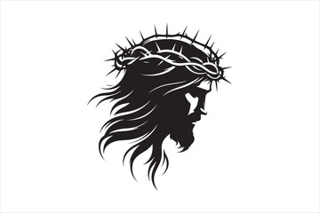 Minimalist Black Silhouette of Jesus Christ with Crown of Thorns  Clean Line Art 93.eps