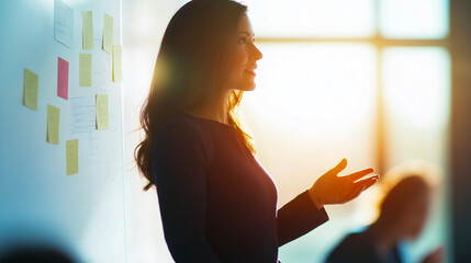 Young businesswoman presenting ideas on whiteboard, professional leader in modern office environment, teamwork and innovation for strategic planning, leadership, and corporate success