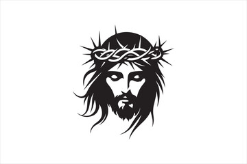 Minimalist Black Silhouette of Jesus Christ with Crown of Thorns  Clean Line Art 96.eps