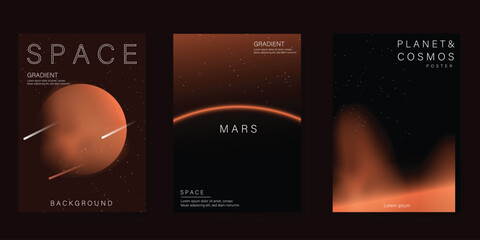 Planet and galaxy Space card vector set. Solar system with galaxy planets, asteroids, jupiter, saturn, mars, moon, ring line solar. Cosmic design for flyer, brochure, background, poster, cover. © babeer