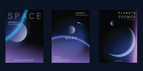 Planet and galaxy Space card vector set. Solar system with galaxy planets, asteroids, jupiter, saturn, mars, moon, ring line solar. Cosmic design for flyer, brochure, background, poster, cover. © babeer