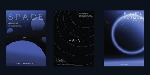 Planet and galaxy Space card vector set. Solar system with galaxy planets, asteroids, jupiter, saturn, mars, moon, ring line solar. Cosmic design for flyer, brochure, background, poster, cover. © babeer