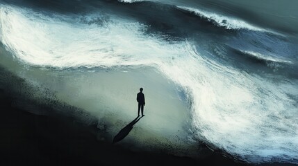 A solitary figure stands on a beach, gazing at crashing waves under a moody sky, evoking feelings of contemplation and introspection.