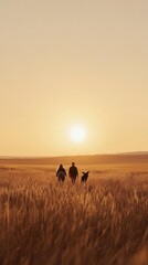 Silhouetted figures walking through a golden field at sunset.