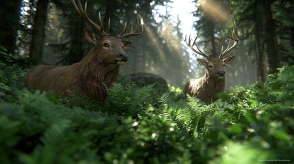 Fototapeta premium Majestic Deer in a Sunlit Forest Wildlife Nature Woodland Animals Photography Lands