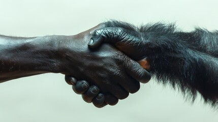A human and a gorilla share a handshake, representing a unique moment of interaction that highlights the bond between species during a public educational event