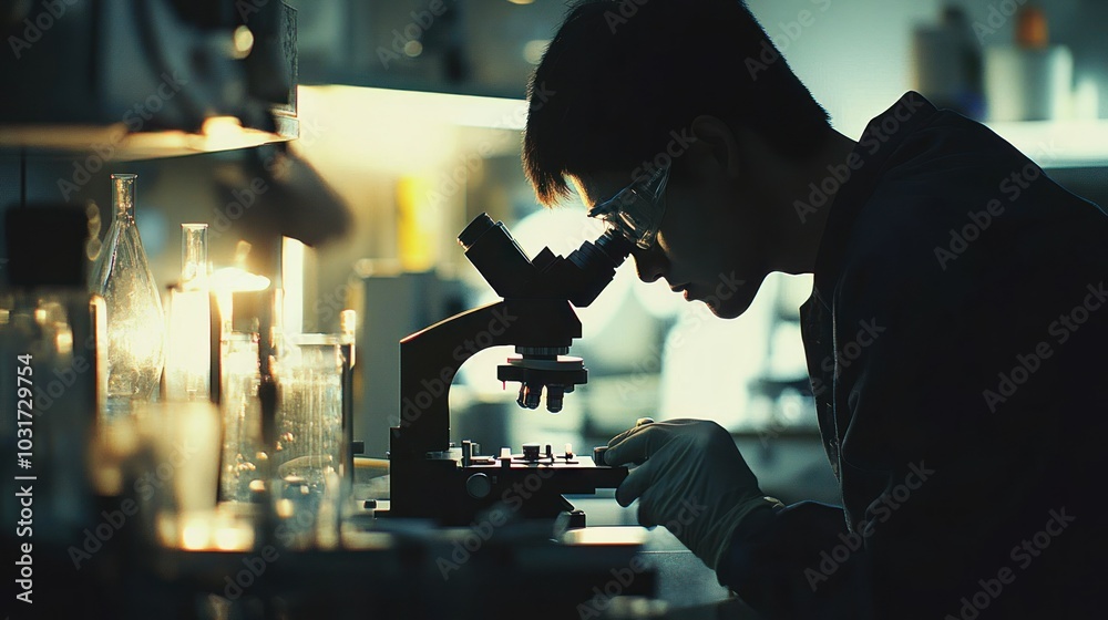 Poster A Silhouetted Scientist Examining a Sample Under a Microscope in a Laboratory