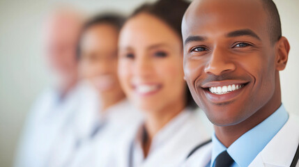 Fototapeta premium Confident male doctor smiling with diverse medical team in the background, professional healthcare staff portrait promoting teamwork, trust, and excellence in patient care and modern health services