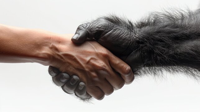 A human hand and a gorilla's hand are clasped together in a firm handshake, symbolizing friendship and understanding between species in a touching moment
