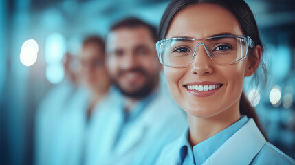Smiling female doctor with safety glasses, leading diverse healthcare team, confident medical professionals promoting innovation, teamwork, and excellence in modern patient care and health services