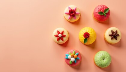 Colorful array of irresistible Maha Navami desserts arranged aesthetically on a pastel peach backdrop.