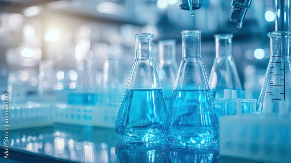 Poster two glass erlenmeyer flasks filled with blue liquid in a lab setting
