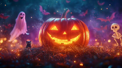 A collection of carved Jack-O'-Lantern pumpkins glowing in the dark, with a menacing and festive atmosphere, perfect for Halloween.