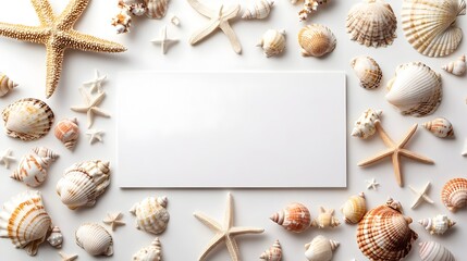 Obraz premium Blank Coastal Sign with Seashells and Starfish Border on White Background