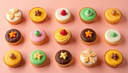 Colorful array of irresistible Maha Navami desserts arranged aesthetically on a pastel peach backdrop.