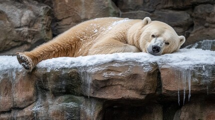 A polar bear rests on a snowy rock, surrounded by icicles in a natural habitat.