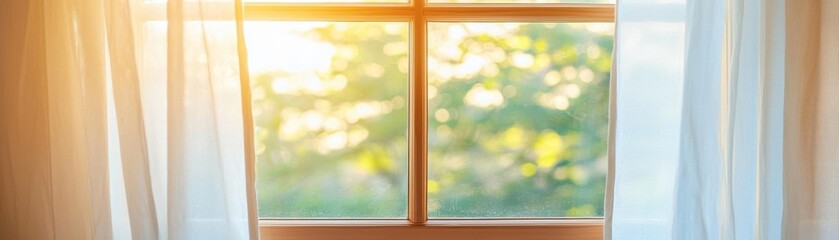 An open window in a cozy bedroom, sheer curtains billowing in the morning breeze, nature s freshness entering the space