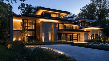 Obraz premium Modern suburban home at night, featuring clean geometric lines and hidden LED lighting accentuating the facades architectural elements