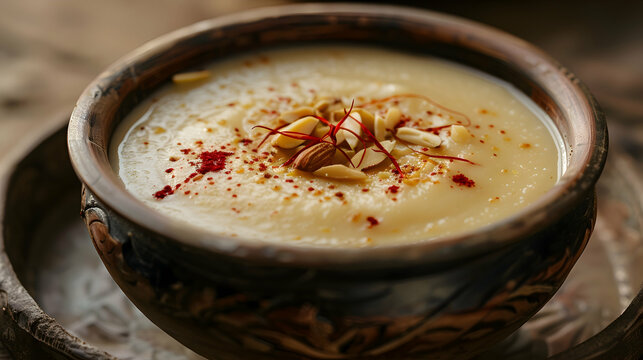 A bowl of basundi with a sprinkle of almonds and saffron