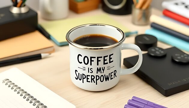Coffee Mug with Coffee is My Superpower Text on Desk