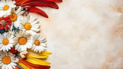 A vibrant arrangement of flowers and feathers on a textured background.