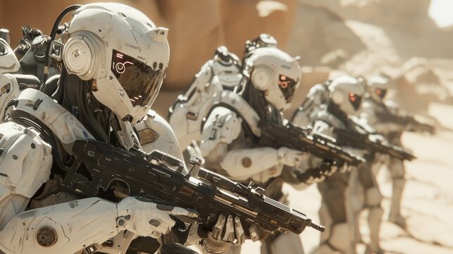 Futuristic Warfare 3D Render: Soldiers on Alien Reconnaissance Mission with Advanced Technology in Ultra-Detailed Illustration