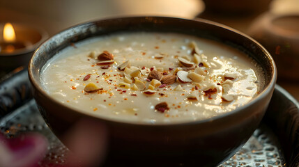 A bowl of basundi with a sprinkle of almonds and saffron