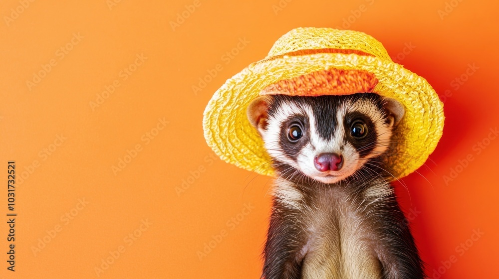 Wall mural A cute ferret wearing a yellow straw hat against an orange background.