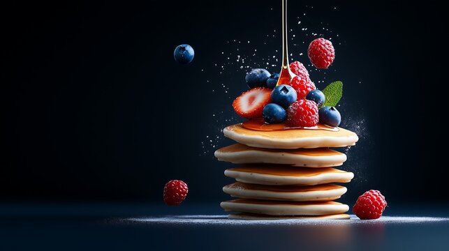 Conceptual image pancakes berries maple syrup drizzle honey icing, sweet dessert baking ingredients presentation, advertisement, ad