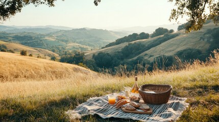 A picnic blanket laid out on a grassy hilltop with a basket, food, and drinks overlooking a rolling landscape.
