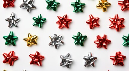 Obraz premium A flat lay of shiny holiday gift bows in various colors (red, green, gold, silver) scattered evenly across a white background. 
