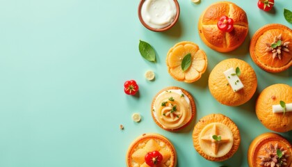 Colorful variety of savory snacks displayed artfully on a light mint background for festive gatherings.