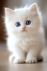  A small, white kitten with blue eyes sits on the floor, gazing at the camera with a serious expression