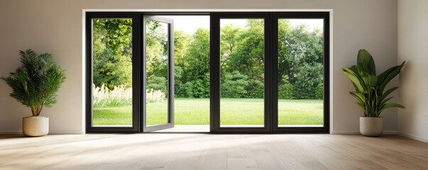 Stylish interior folding doors open to reveal a stunningly landscaped garden, blending indoor elegance with outdoor beauty.