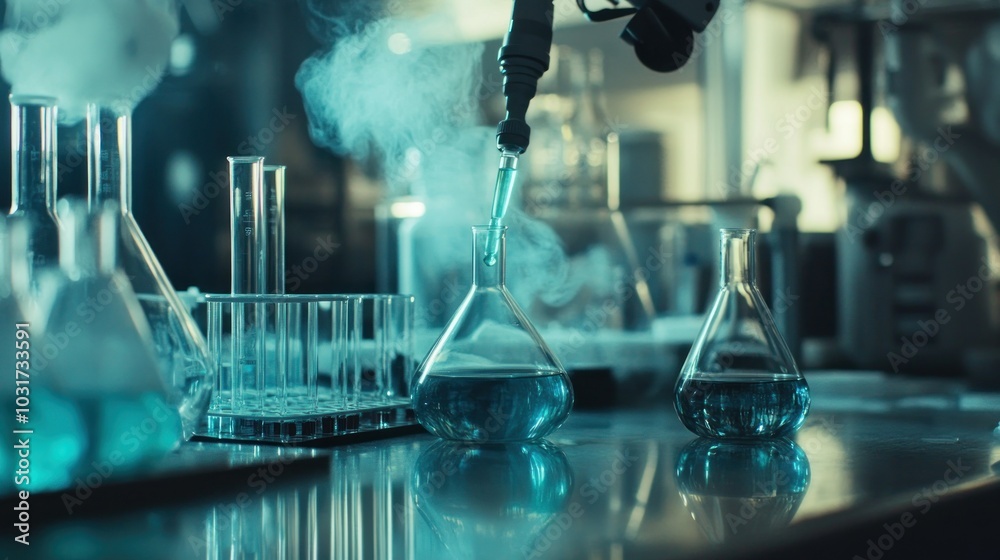 Poster laboratory experiment with blue liquid in flasks and test tubes