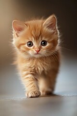  A small orange kitten walks on a tile floor, supporting itself with its hind legs and front paws, gazing at the camera