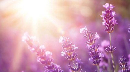 Obraz premium A close-up of lavender flowers basking in warm sunlight, creating a serene atmosphere.