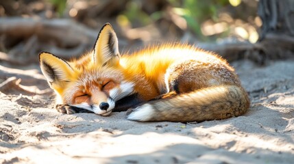 A sleeping fox rests peacefully on sandy ground in a natural setting.