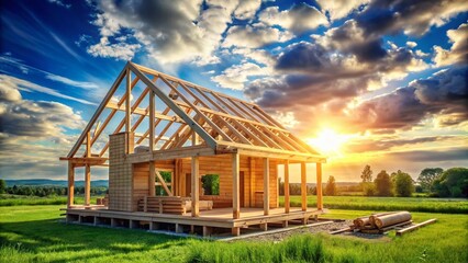 Fototapeta premium Two-Story Wooden House Under Construction on a Clear Day with Blue Sky and Clouds