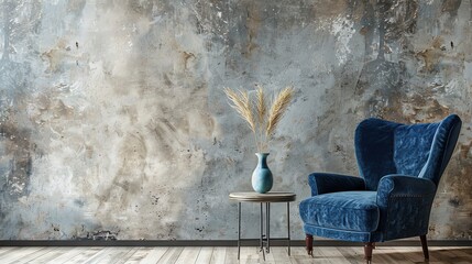 Vintage navy blue velvet armchair next to coffee table against gray textured wall with copy space.