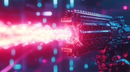 Futuristic Energy Weapon Firing in Dark Battlefield 3D Render Illustration with Colorful Beams and Dynamic Shadows, Ultra-Detailed