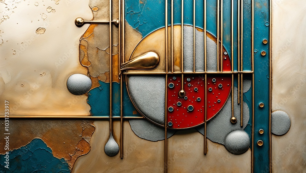 Wall mural Abstract art featuring a gold and red circle with metallic details.