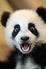 Obraz premium A black-and-white panda bears a yawn, its mouth widely opened