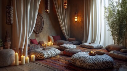 A plush luxury tribal meditation corner within a home
