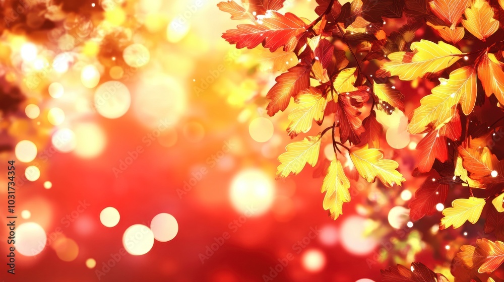 Wall mural A vibrant autumn scene with colorful leaves and soft bokeh lighting.