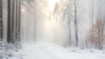 Naklejka premium A serene winter landscape shrouded in fog, showcasing a snow-covered path through trees.